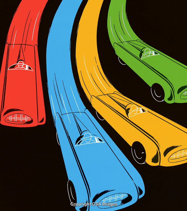 Colorful Retro Cars Racing in Abstract Design Artwork