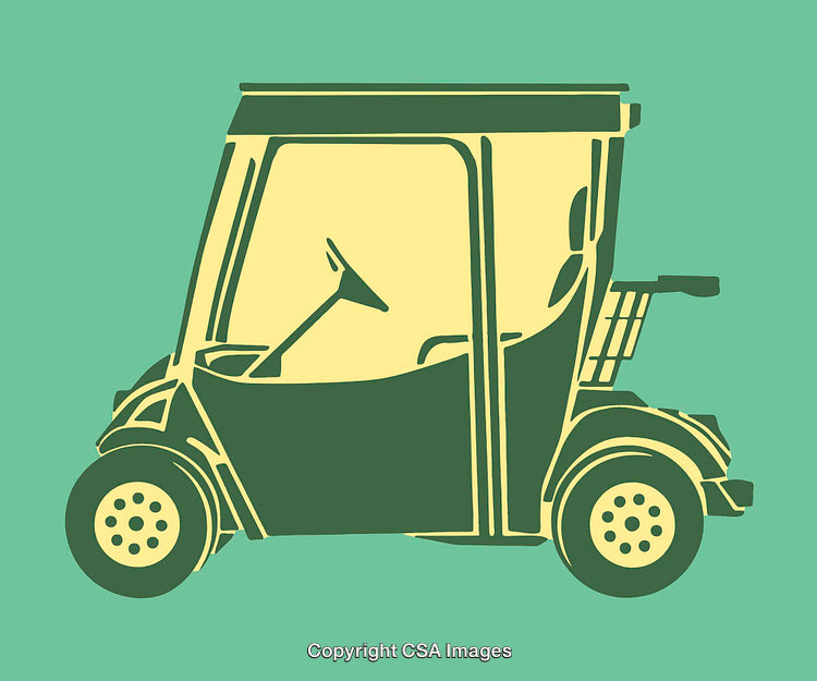 Minimalist Illustration of a Modern Golf Cart in Yellow and Green Tones