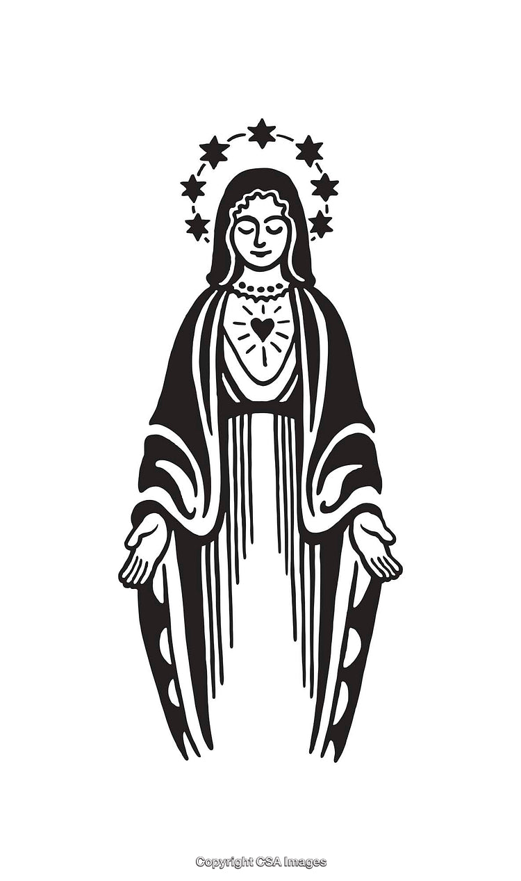Black and White Line Art Depiction of Religious Figure with Radiant Aura