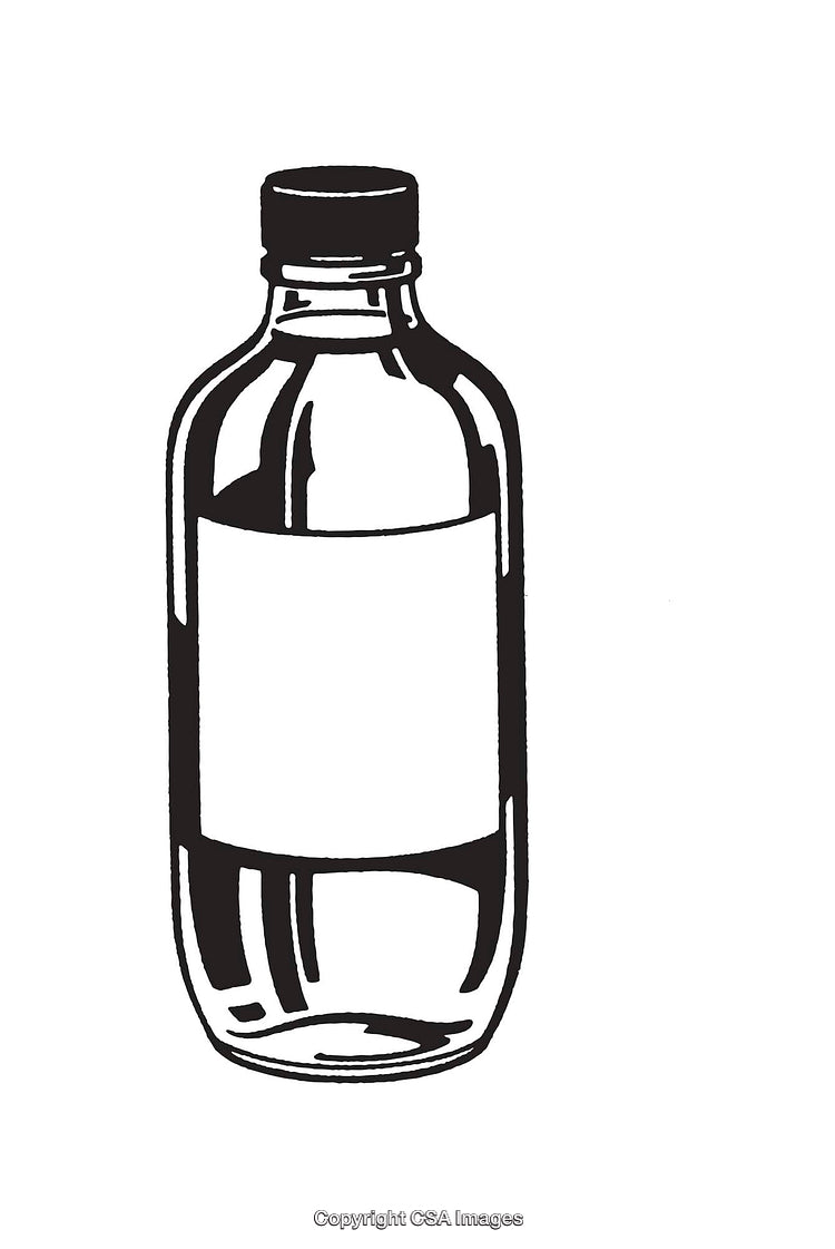 Black and White Line Art of a Medication Bottle with Blank Label