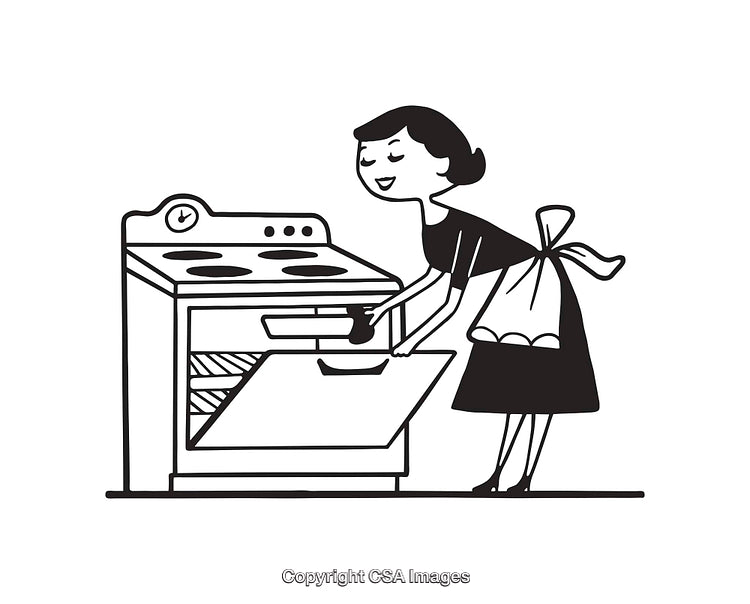 Retro Homemaker Baking in a Kitchen Oven Black and White Illustration