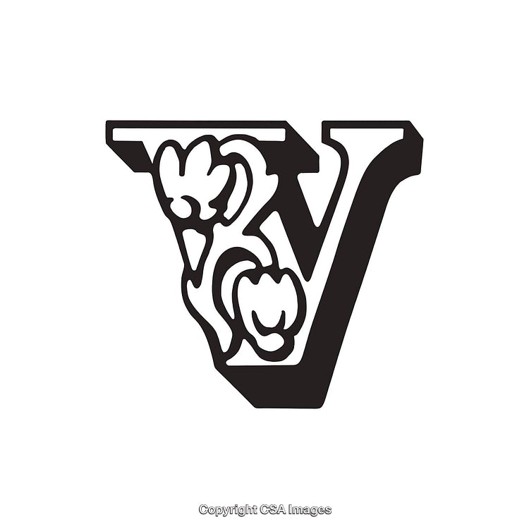 Intricate Ornamental Letter V with Decorative Floral Elements