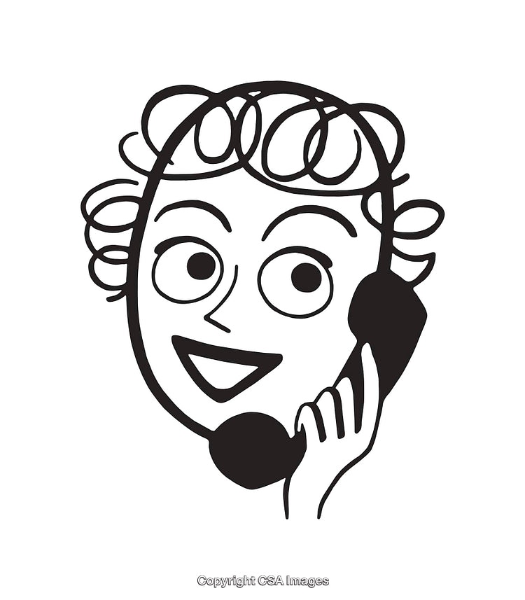 Black and White Line Art of a Cheerful Person on the Phone