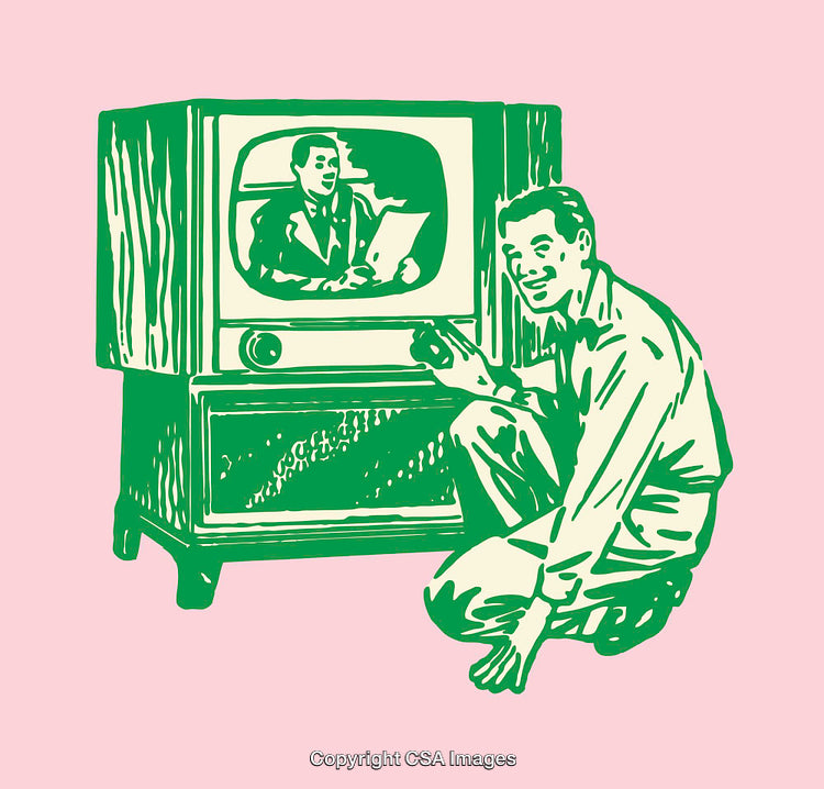 Retro Illustration of Man Adjusting Vintage Television Set