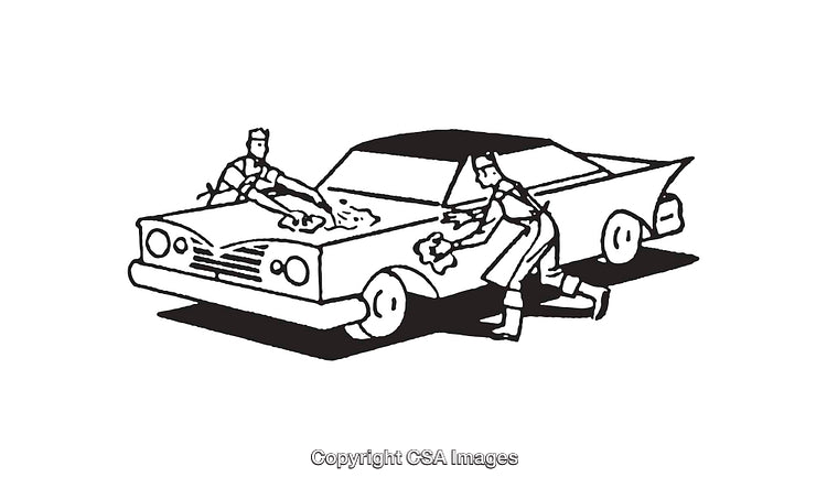 Vintage Line Art Illustration of Car Cleaning Scene with Two People Washing