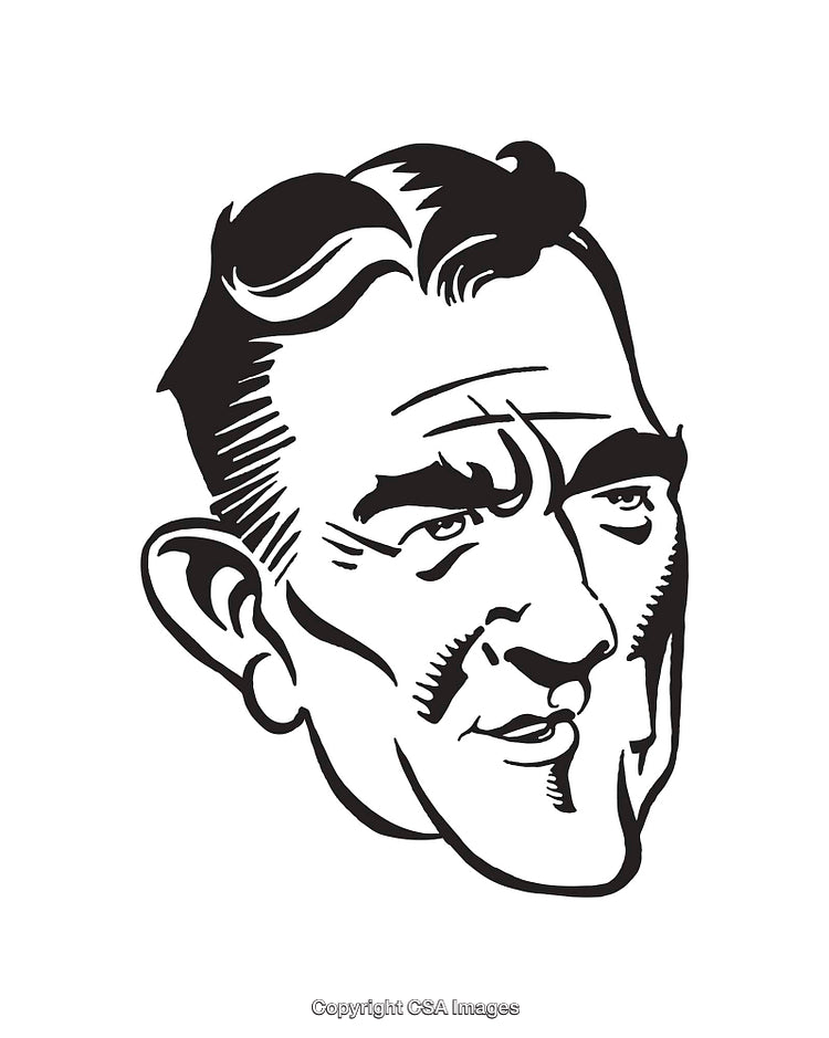 Retro Black and White Line Art Illustration of a Man's Face