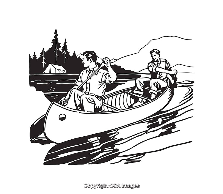 Two People Canoeing on a Lake in Nature, Black and White Illustration