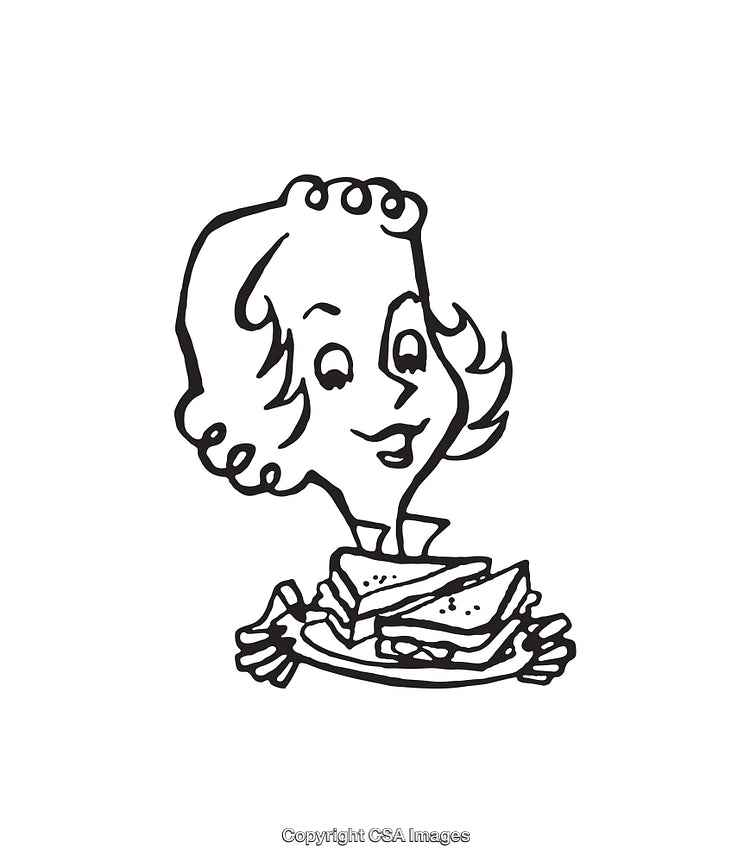 Black and White Illustration of a Woman with a Plate of Sandwiches