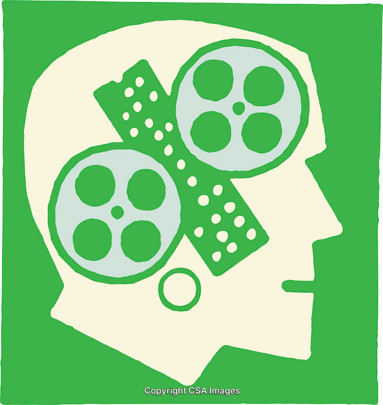 Silhouette Illustration of Human Head with Film and Technology Motifs