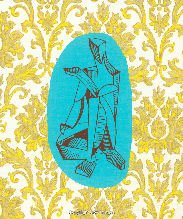Abstract Blue Sculpture on Patterned Yellow and White Background