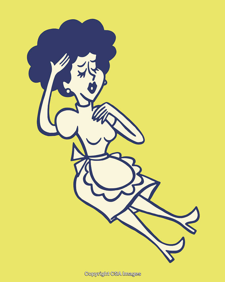 Retro Female Character Illustrating a Comedic Faint Pose in Stylish Line Art