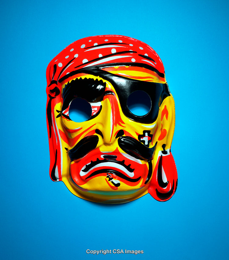 Colorful Pirate-Themed Plastic Mask on a Bright Blue Background