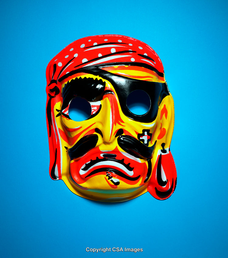 Colorful Pirate-Themed Plastic Mask on a Bright Blue Background