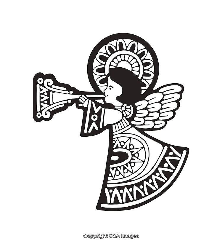 Traditional Black And White Angel Illustration Playing A Trumpet