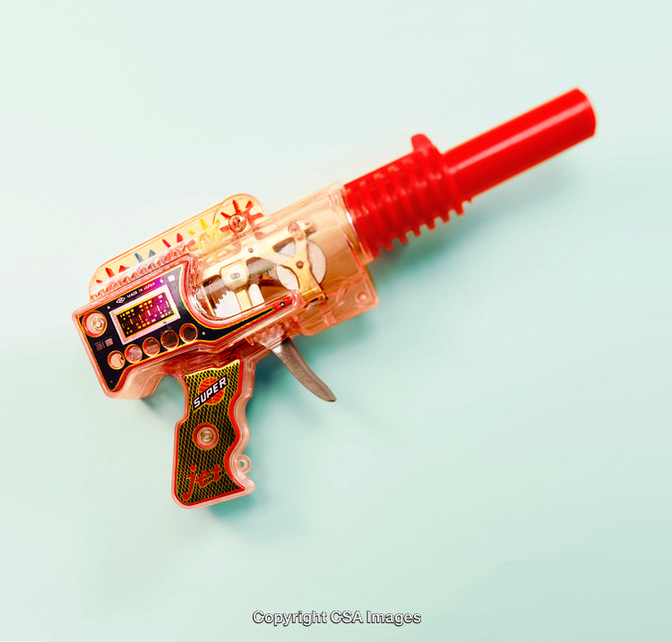 Vintage-Inspired Transparent Plastic Toy Pistol in Nostalgic Red and Yellow Design
