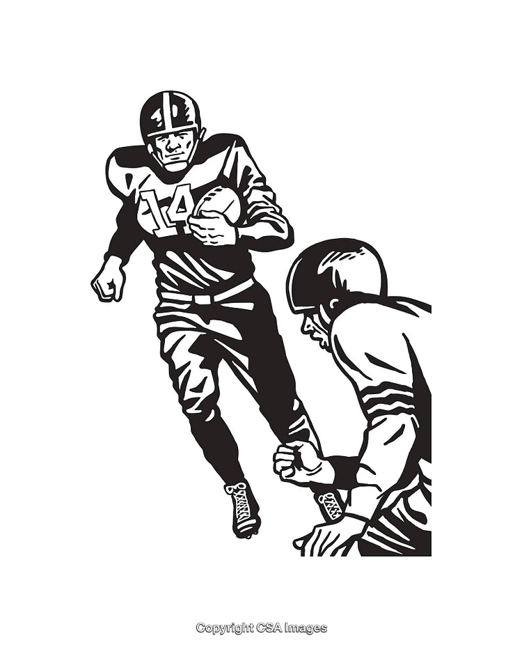 Black and White Line Art Illustration of a Football Game in Action