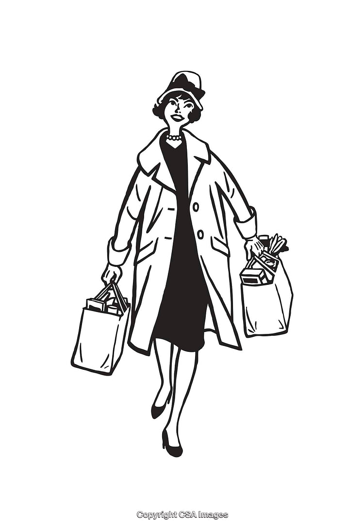Vintage Line Art Illustration of a Woman Carrying Shopping Bags