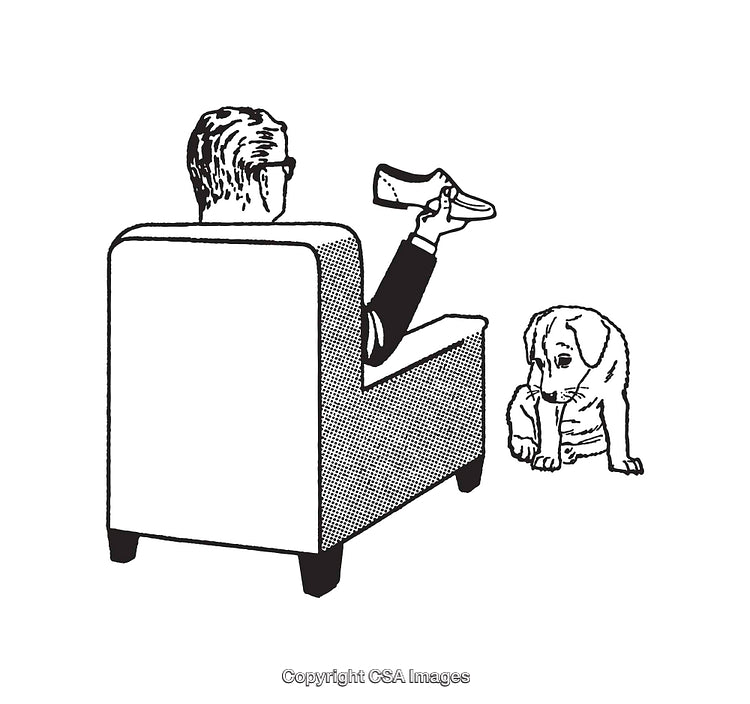Black and White Line Art Illustration of a Man Disciplining a Dog