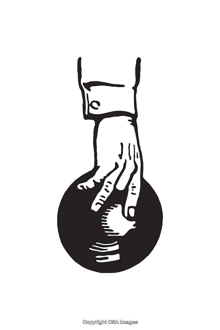 Black and White Illustration of a Hand Holding a Textured Sphere