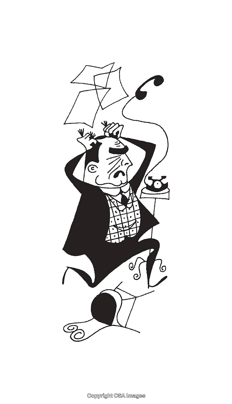 Humorous Illustration of a Distressed Businessman with a Tangled Phone Cord