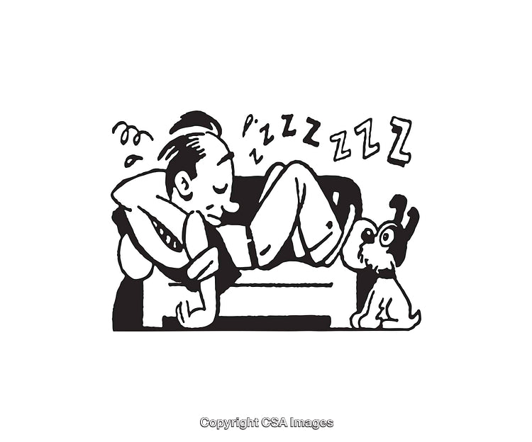 Black And White Line Art of a Man Napping on Sofa with a Dog
