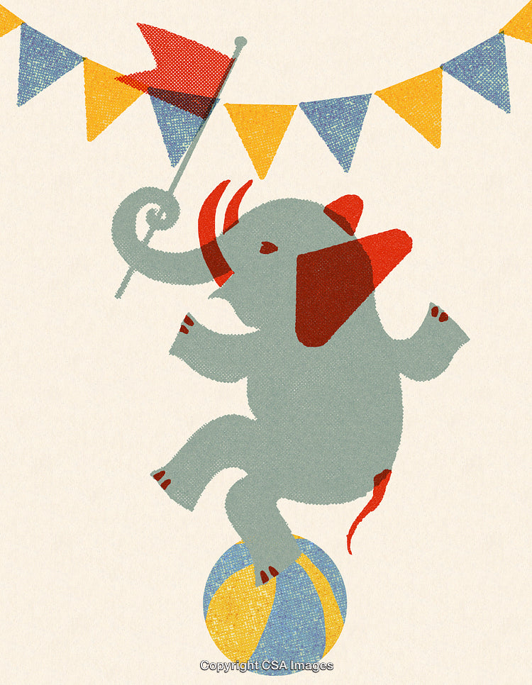 Vintage Circus Elephant Balancing on Ball with Decorative Flags