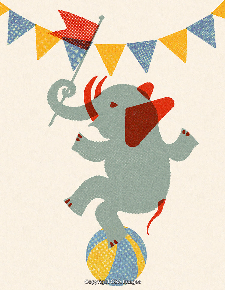 Vintage Circus Elephant Balancing on Ball with Decorative Flags