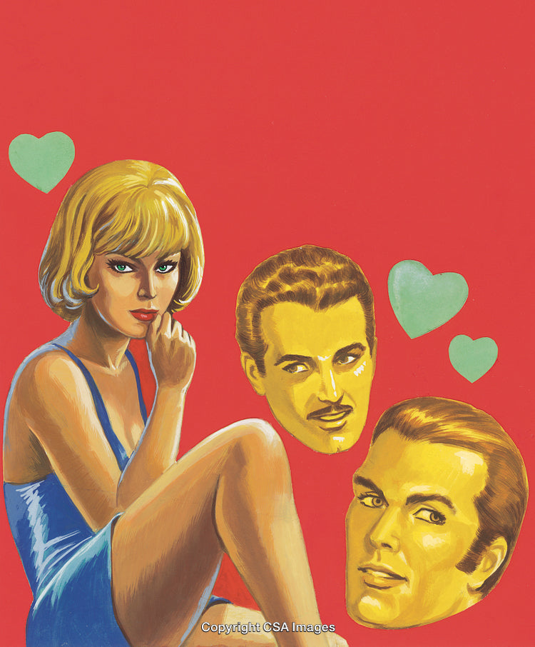 Woman Contemplating Relationships on Vibrant Red Background with Heart Motifs