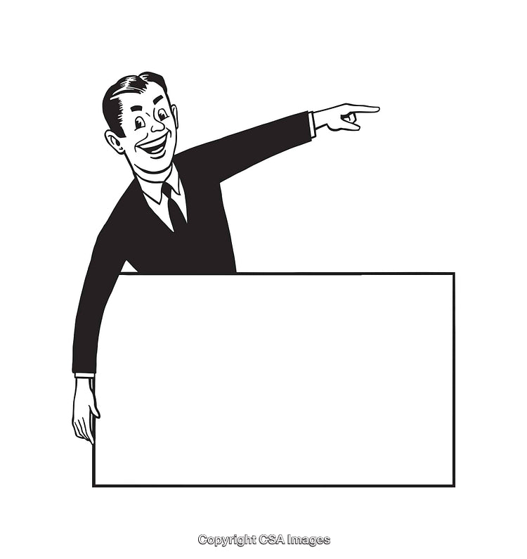 Retro Businessman in Line Art Holding and Pointing at a Blank Sign