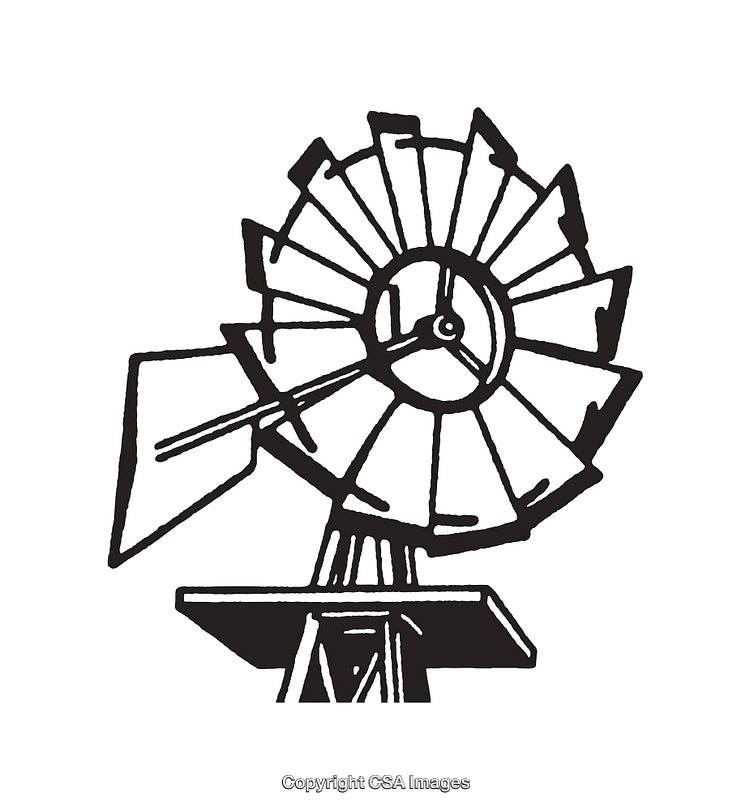 Black and White Line Art Illustration of a Windmill Silhouette