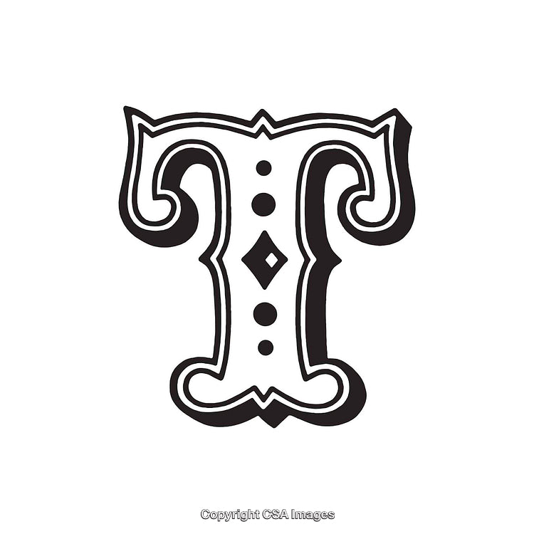 Ornate Decorative Letter T with Intricate Design and Black Detailing