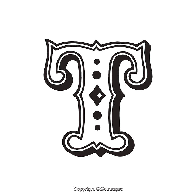 Ornate Decorative Letter T with Intricate Design and Black Detailing