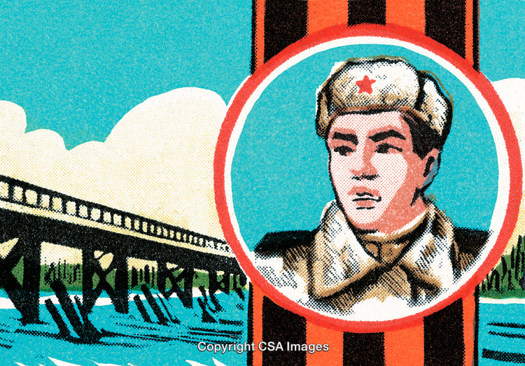 Vintage Military Illustration with Soldier Portrait and Bridge Scene