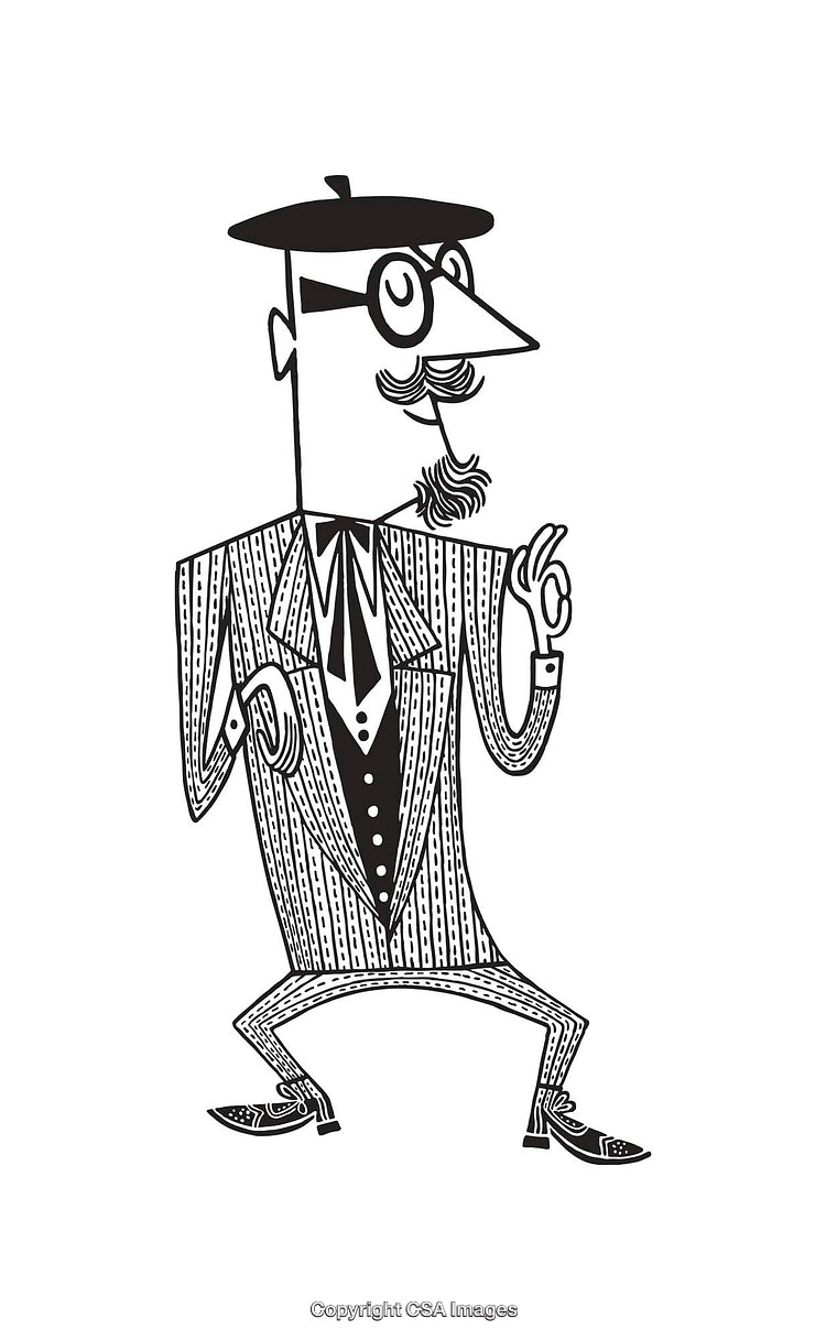 Sophisticated Cartoon Character in Black and White Line Art Illustration
