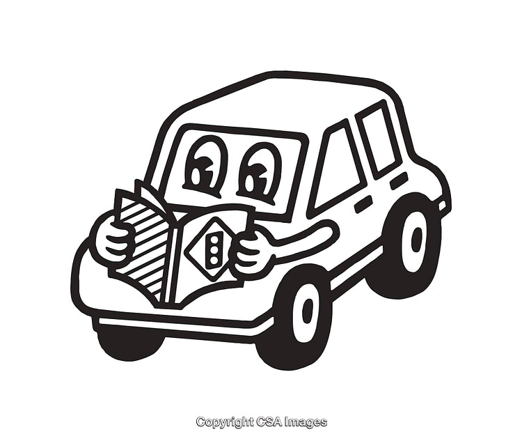 Funny Cartoon Car Reading a Book in Black and White Line Art