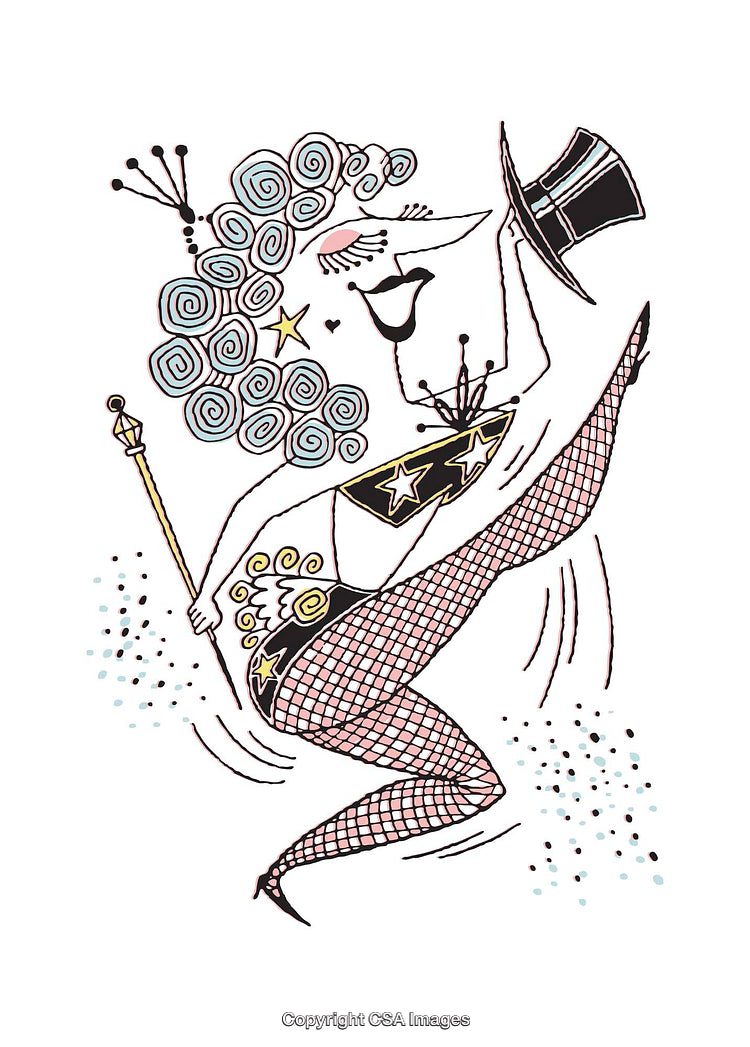 Whimsical Dancer Illustration with Top Hat and Starry Costume