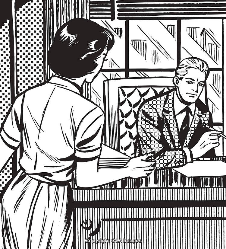 Retro Comic Style Office Scene With Two Characters Interacting at a Desk