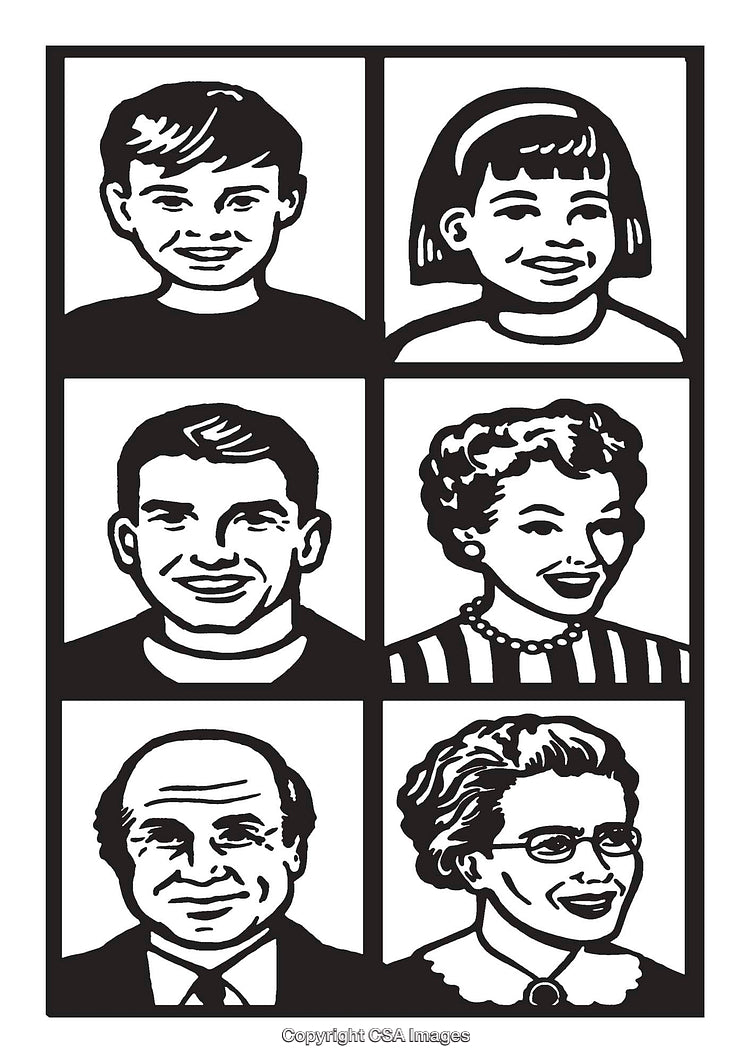 Black and White Line Art Illustrations of a Family Portrait Grid