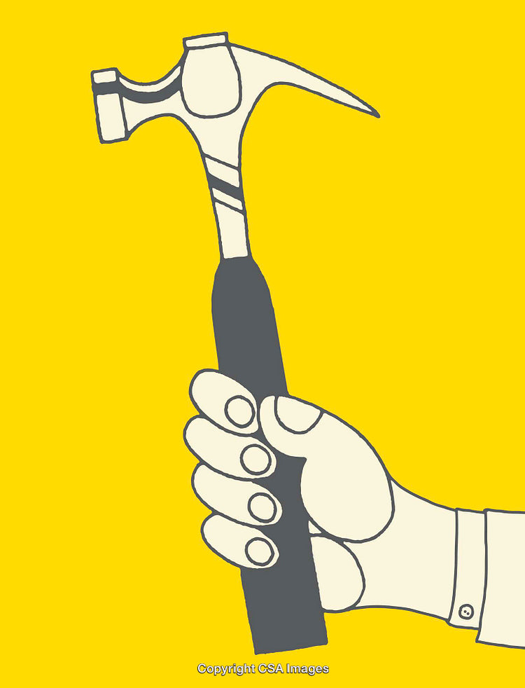 Illustration of a Hand Holding a Hammer on a Yellow Background