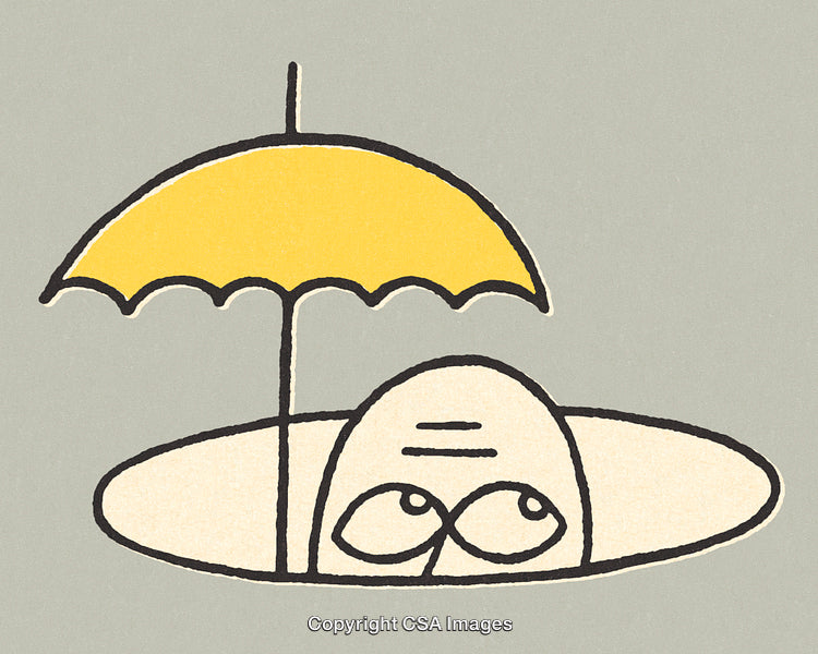 Cartoon Character Under Yellow Umbrella Evoking Emotion and Intrigue