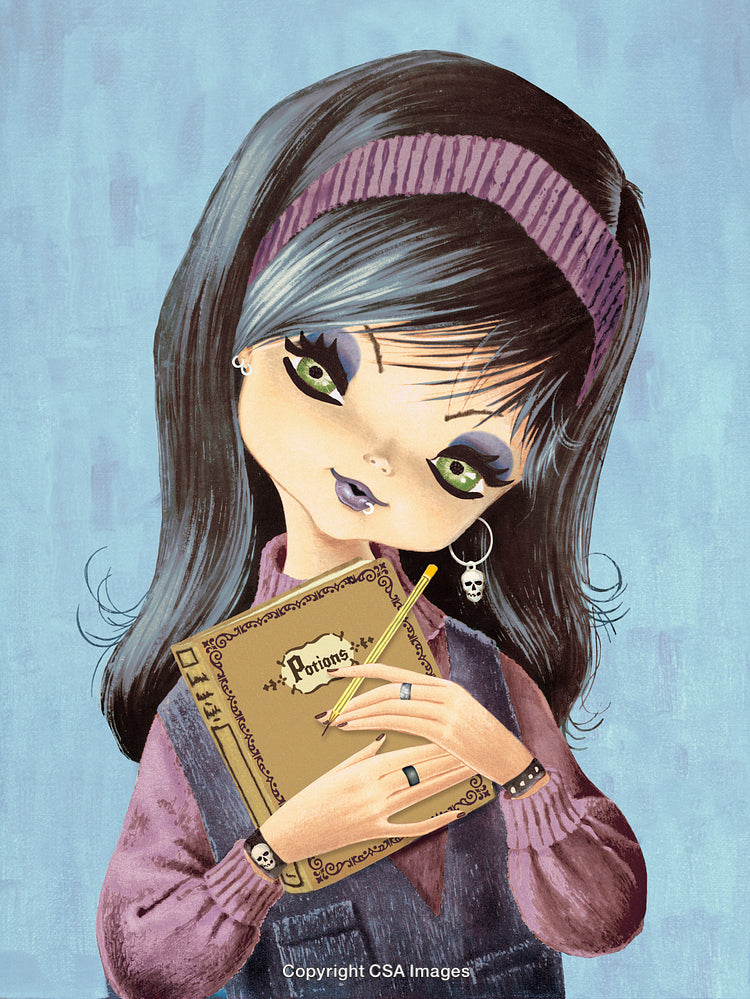 Eccentric Girl Holding Potion Book with Gothic Accents and Mysterious Charm