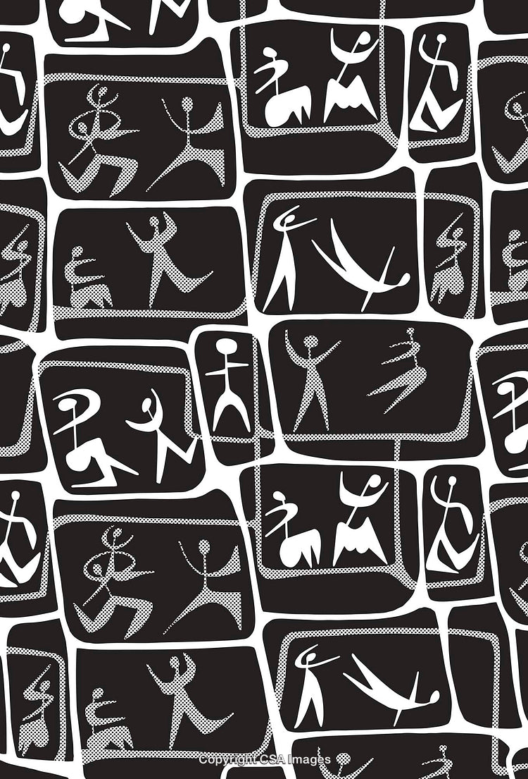 Black and White Abstract Patterns Featuring Stylized Symbols and Figures