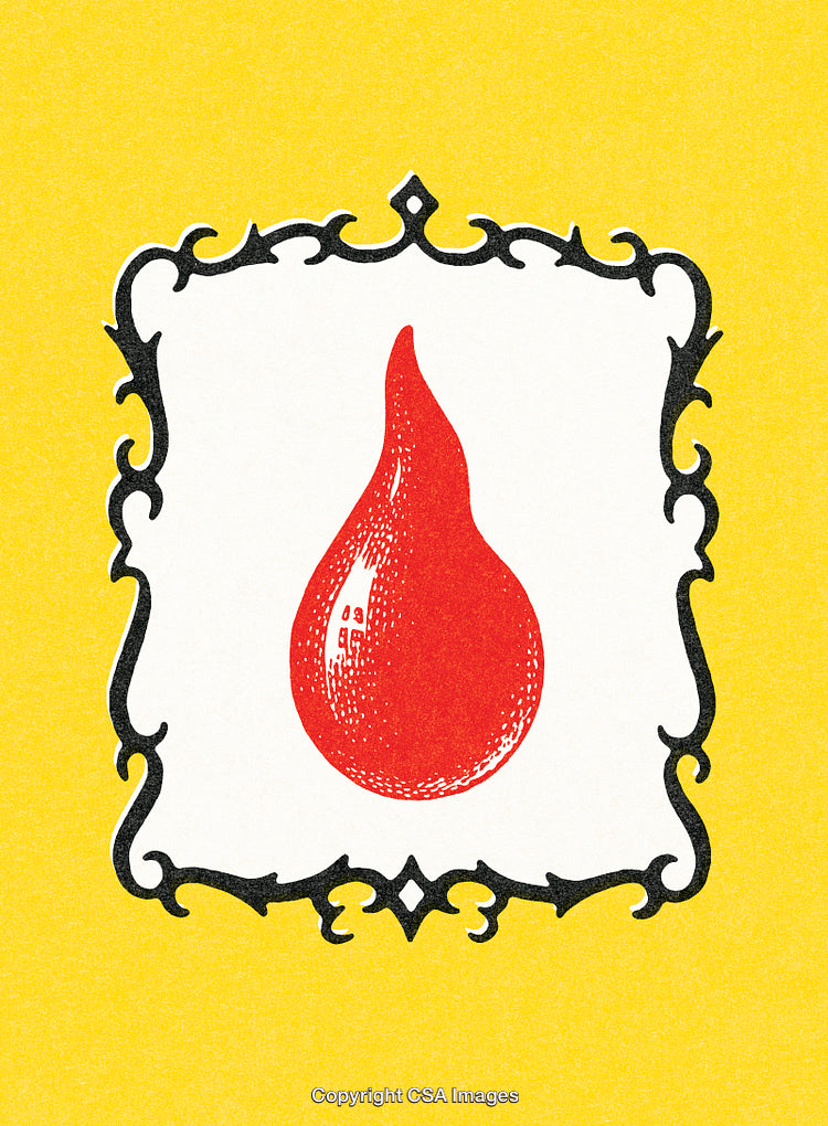 Red Teardrop Symbol Framed in Ornate Black Design on Yellow Background
