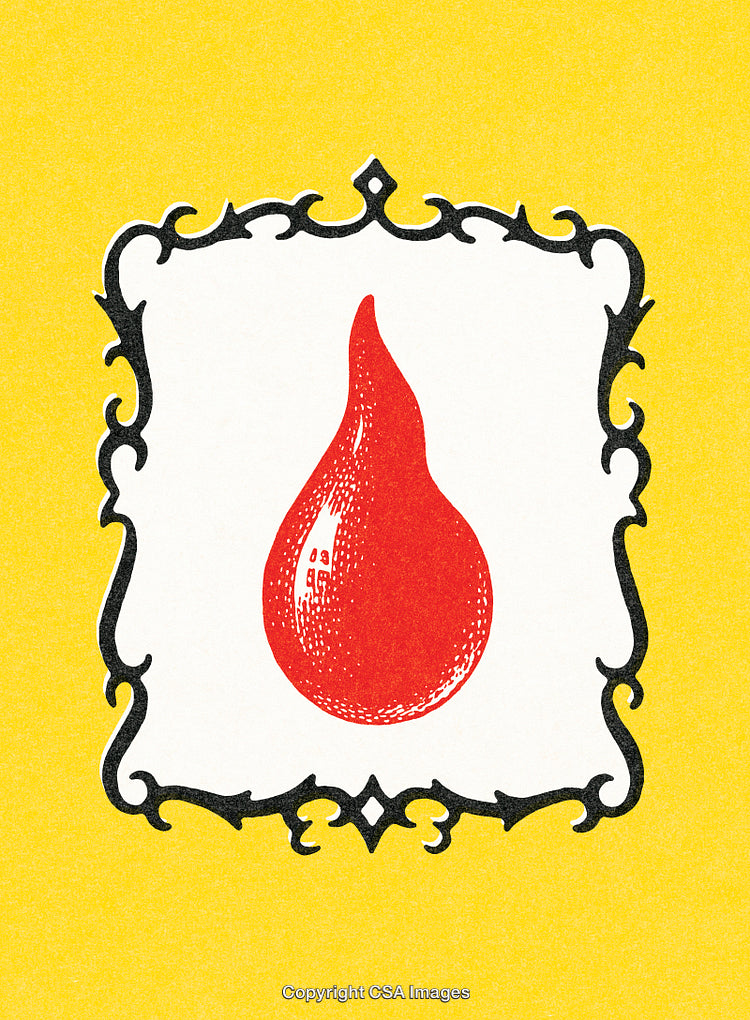 Red Teardrop Symbol Framed in Ornate Black Design on Yellow Background