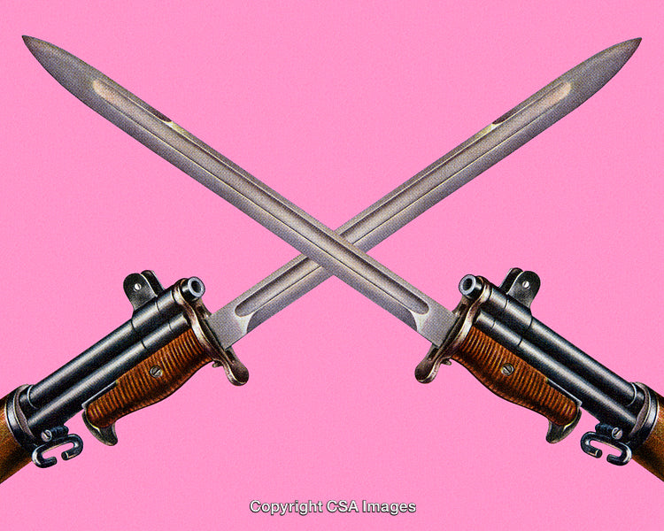 Crossed Bayonets on a Pink Background Symbolizing War and Conflict