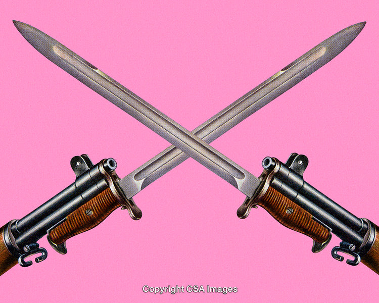 Crossed Bayonets on a Pink Background Symbolizing War and Conflict