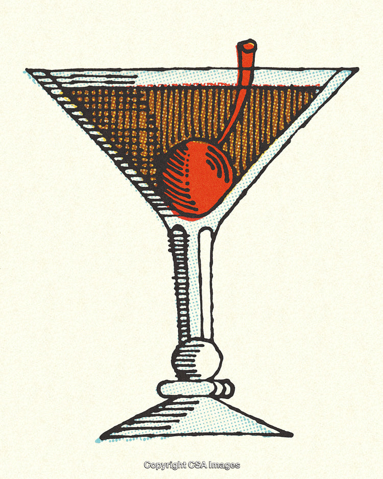 Vintage Illustration of a Martini Glass With a Red Cherry Garnish