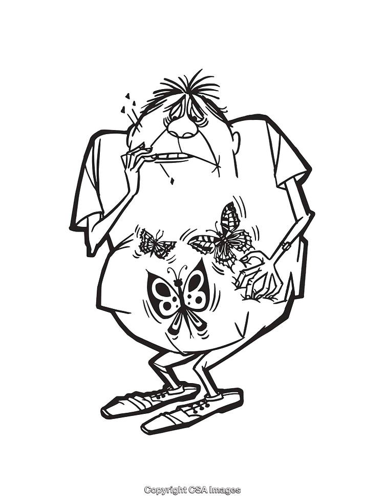 Nervous Character with Butterflies in Stomach Black and White Illustration