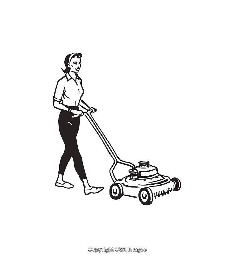 Retro Style Illustration of Woman Using a Lawn Mower in Line Art
