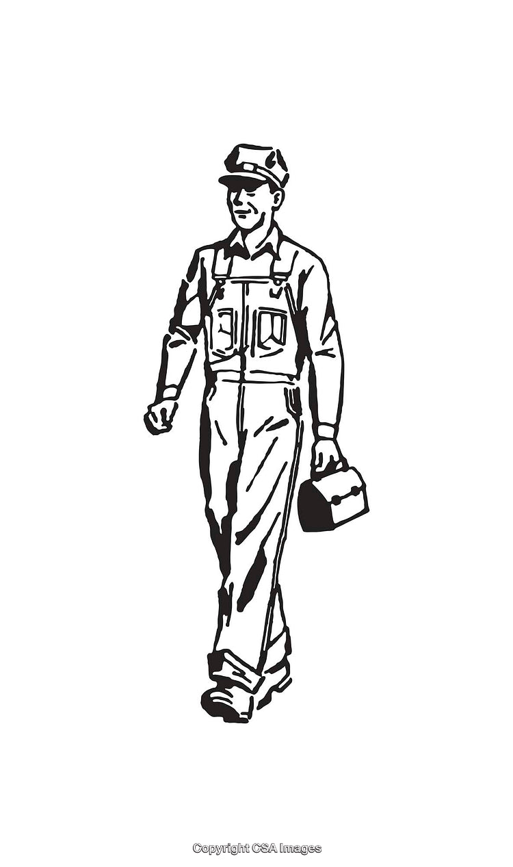 Black and White Illustration of a Worker Walking with a Lunchbox
